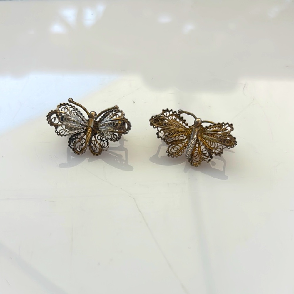 Vintage 1970s Gilded Filigree Butterfly Brooch Set of 2